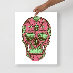 Pink and green Day of the Dead skull art print on matte museum-quality paper