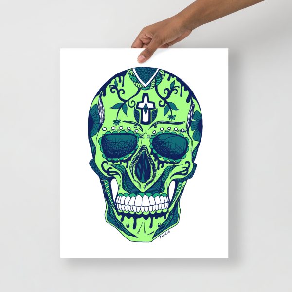 Green Day of the Dead skull art print on matte museum-quality paper
