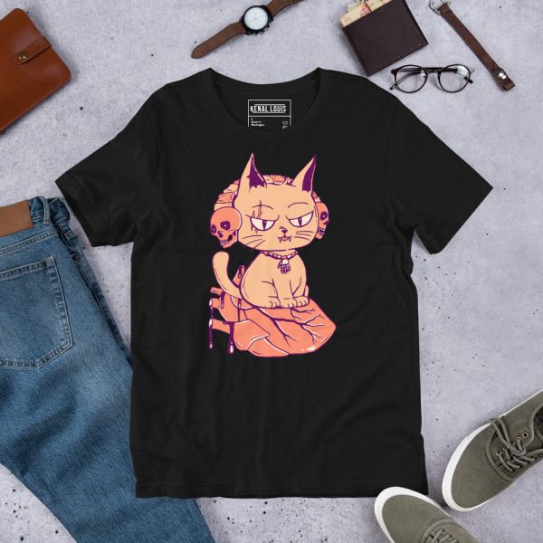 Peach cat shirt featuring a wicked cat sitting on a heart graphic design