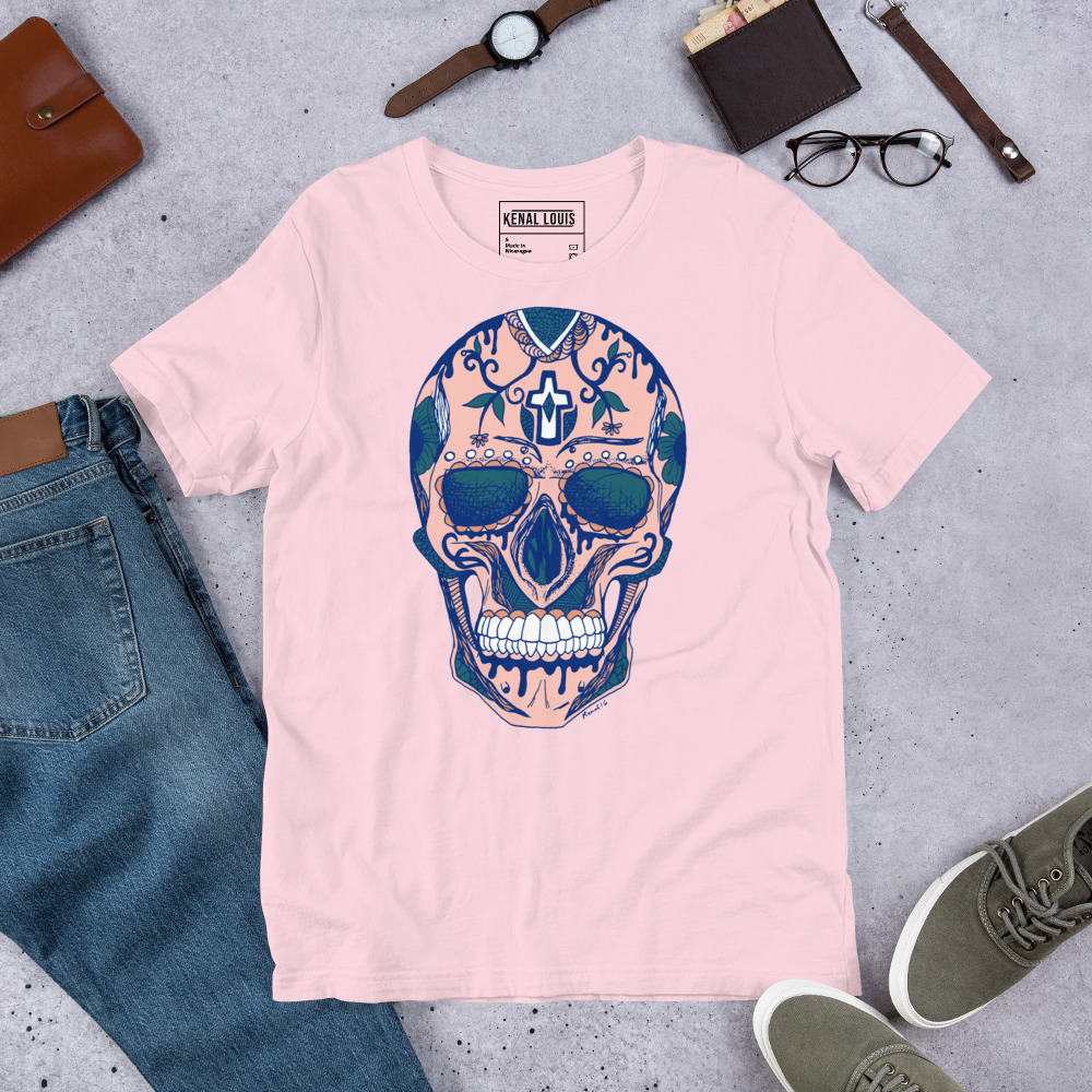 Day of the Dead Skull T-Shirt with Pink Floral Design