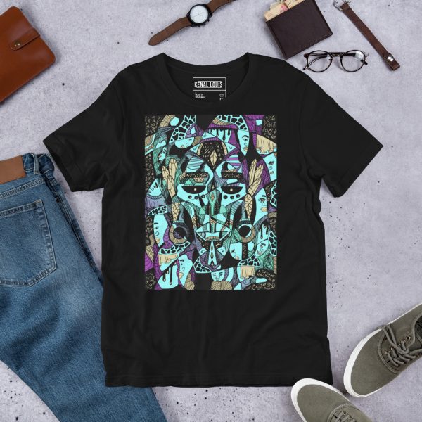 Purple Afrocentric t-shirt featuring African mask art print in soft ring-spun cotton fabric