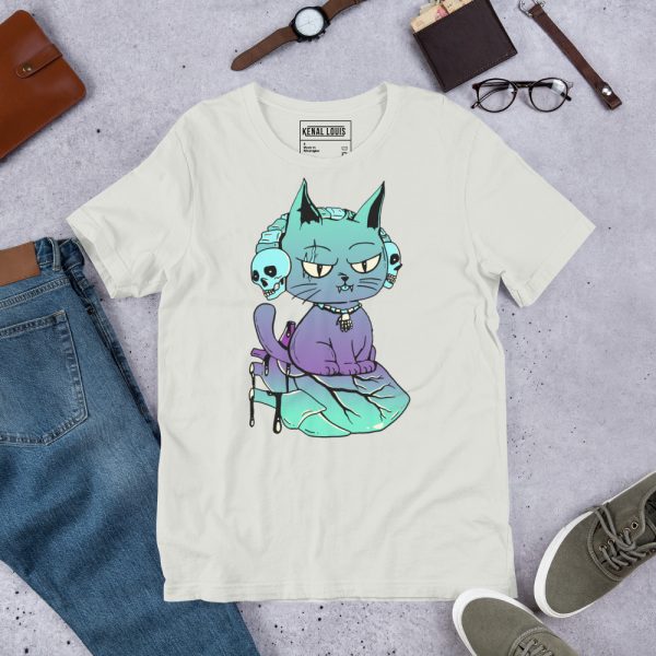 Purple cat shirt featuring a wicked cat on a heart design in soft cotton fabric