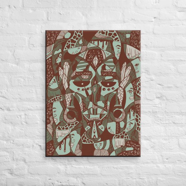 Sage green Afrocentric canvas print depicting Atok and 12 tribe chiefs African mask art