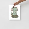 Sage green cat art print of a wicked cat on a heart in a minimal frame