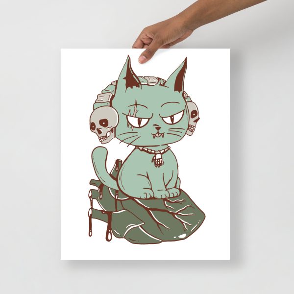 Sage green cat art print featuring a wicked cat on a heart in minimal style