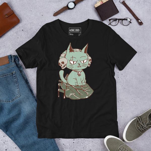 Sage green cat shirt featuring a wicked cat on a heart graphic design