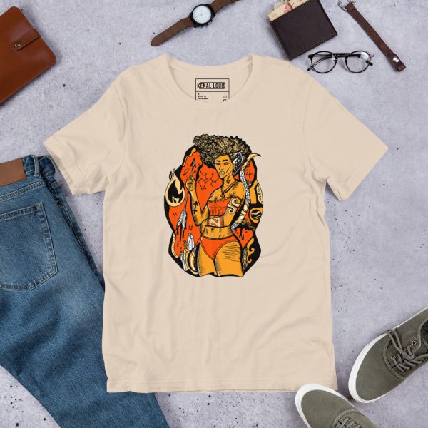 Black and orange Sagittarius goddess graphic t-shirt in soft cotton fabric