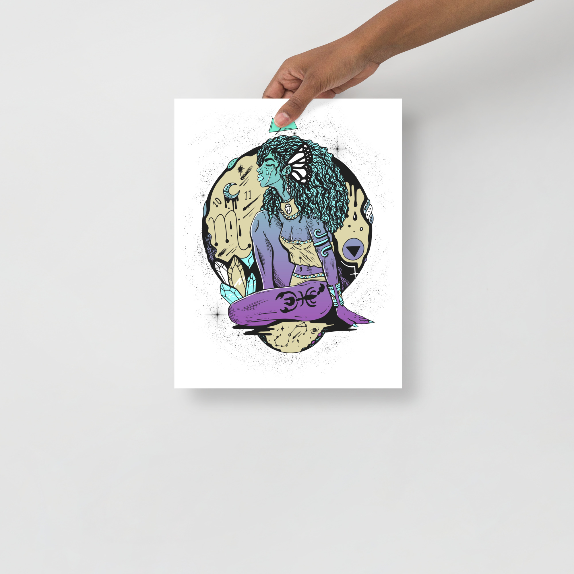 Purple Scorpio goddess art print on matte museum-quality paper styled in a chic space