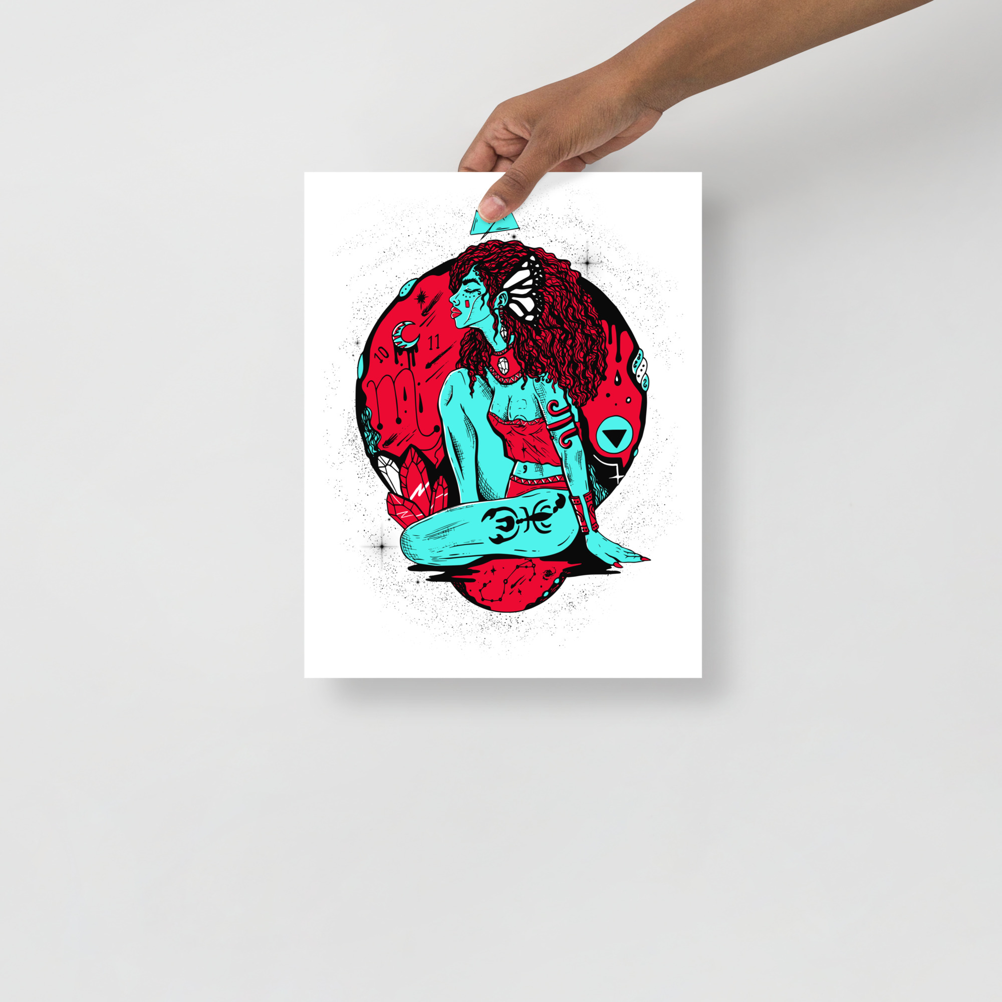 Scorpio goddess art print in turquoise and red on matte museum-quality paper, shown at an angle