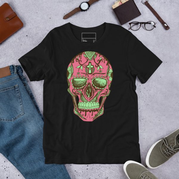 Pink and Green Skull Shirt Day of the Dead Skull T-shirt - Image 2