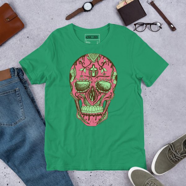 Pink and Green Skull Shirt Day of the Dead Skull T-shirt - Image 3