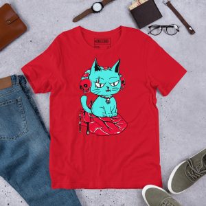Turquoise Red Cat Shirt “Wicked Cat on a Heart” Cat T-Shirt Design