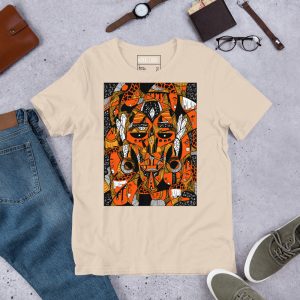 Black and Orange Afrocentric Fashion T-shirt - African Mask Art Atok