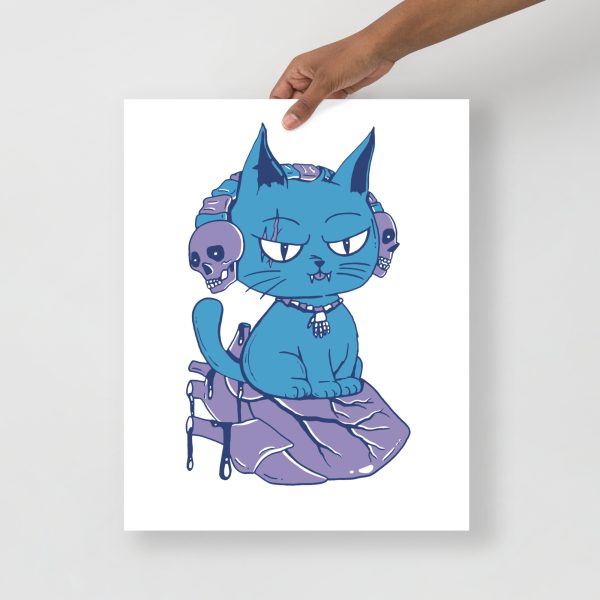 Mountain blue cat art print of a wicked cat sitting on a heart on matte paper