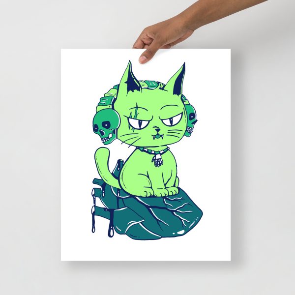 Green wicked cat on a heart drawing displayed as a matte museum-quality art print