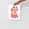 Minimal peach cat art print of a wicked cat on a heart on matte paper