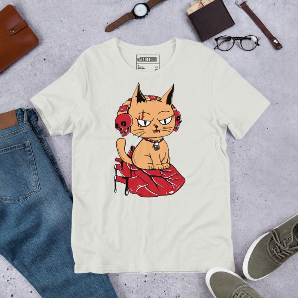 Royal red cat t-shirt featuring a wicked cat on a heart graphic design