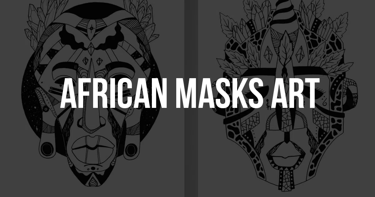african masks art Grey background with two african mask drawings with the words "african masks art" overlaid.