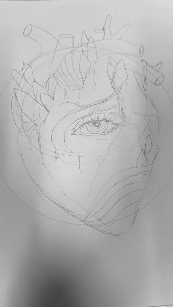 Pencil sketch showing a heart shape with sprouting botanical elements, delicate linework, and an expressive eye detail in a human heart art print style.
