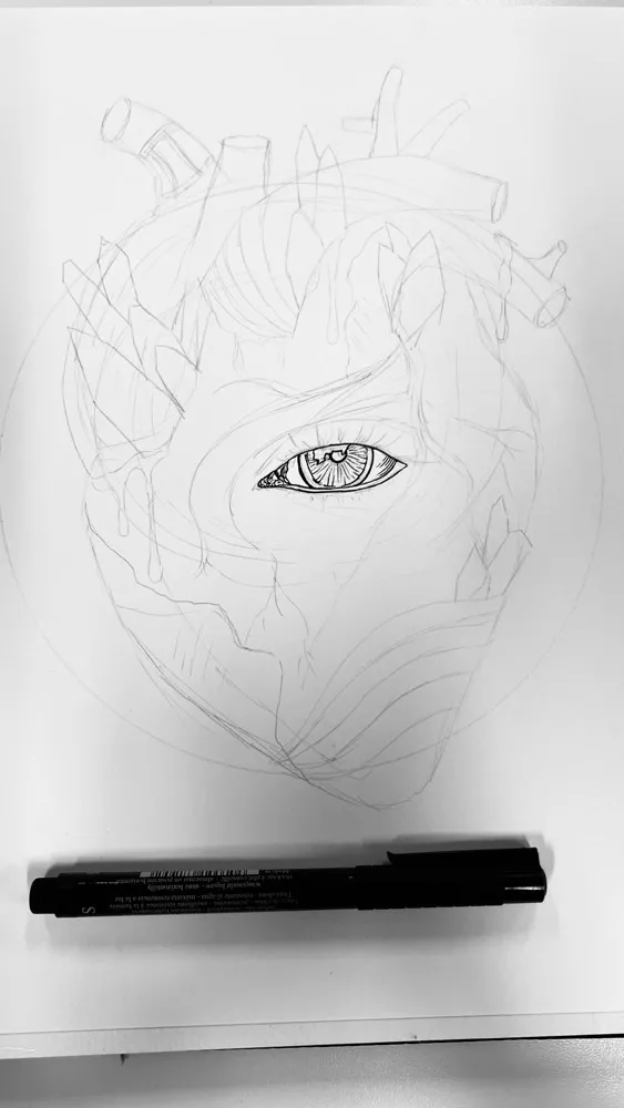Sketch-phase illustration of an anatomical heart with geometric leaf patterns emerging from the top and an intricately detailed eye, depicting human heart art.
