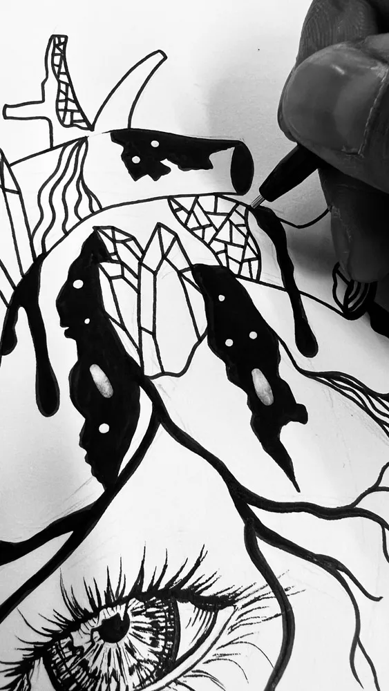 Intricate close-up showing botanical geometry, vascular line patterns, cosmic eye detail, and ornamental dripping elements from this anatomical heart art print.