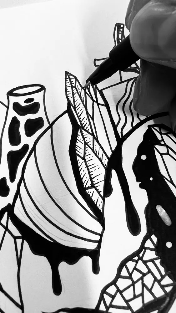 Detailed black and white illustration showing botanical leaf patterns and vascular line work merged with an anatomical heart art print.