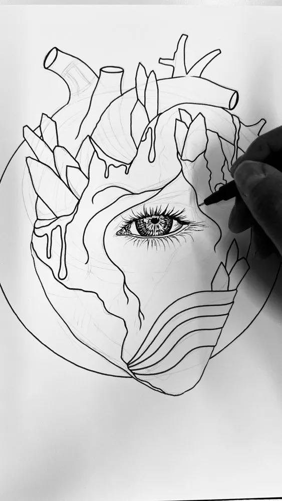 Delicate outline drawing of an anatomical heart merged with geometric crystals, botanical leaves, and an intricately detailed eye as heart art prints.