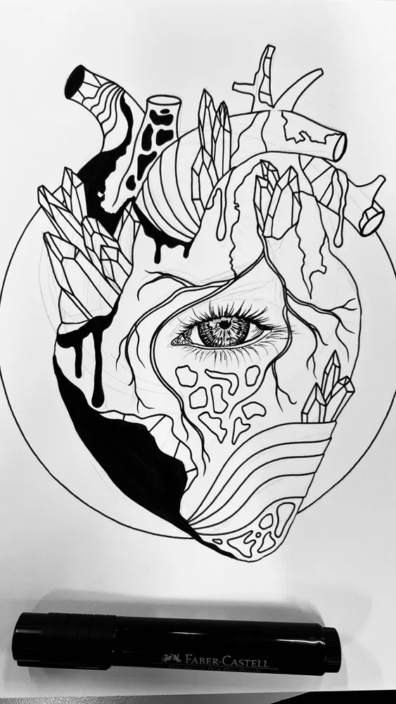 Bold, striking illustration of an anatomical heart crowned with geometric crystals and organic foliage, centered with a detailed cosmic eye, exemplifying heart art prints.