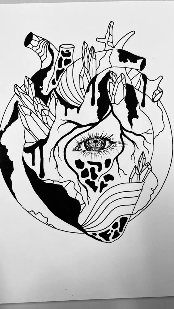 High-contrast black and white illustration of a dramatic heart with crystalline crown, botanical elements, cosmic eye, and ornamental dripping details in human heart art style.