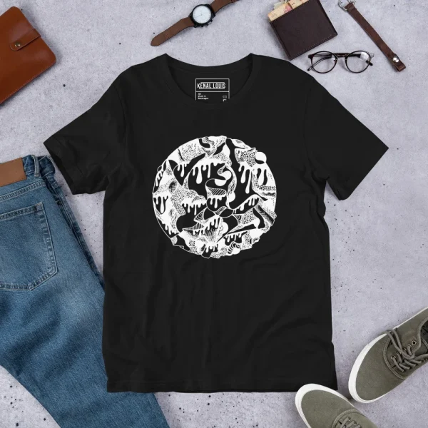 Black abstract circle graphic tee with white drip line art design, displayed flat with accessories