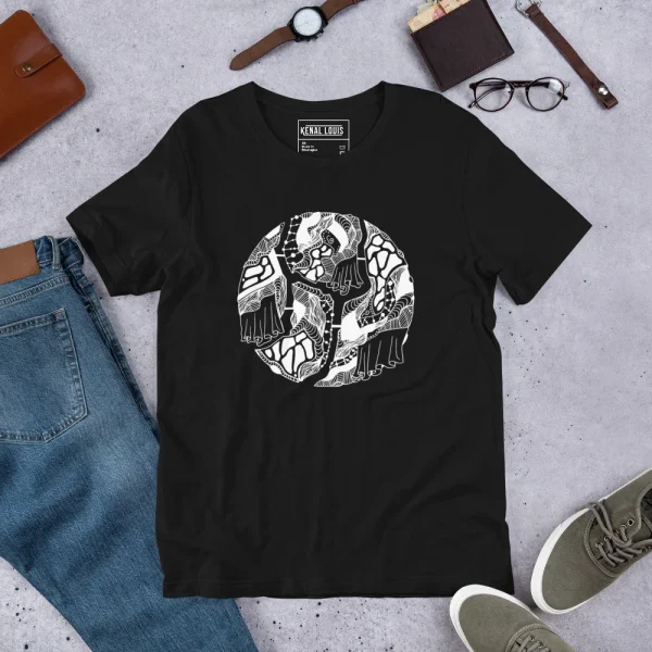 Black abstract circle t-shirt with white line art geometric design displayed flat with accessories
