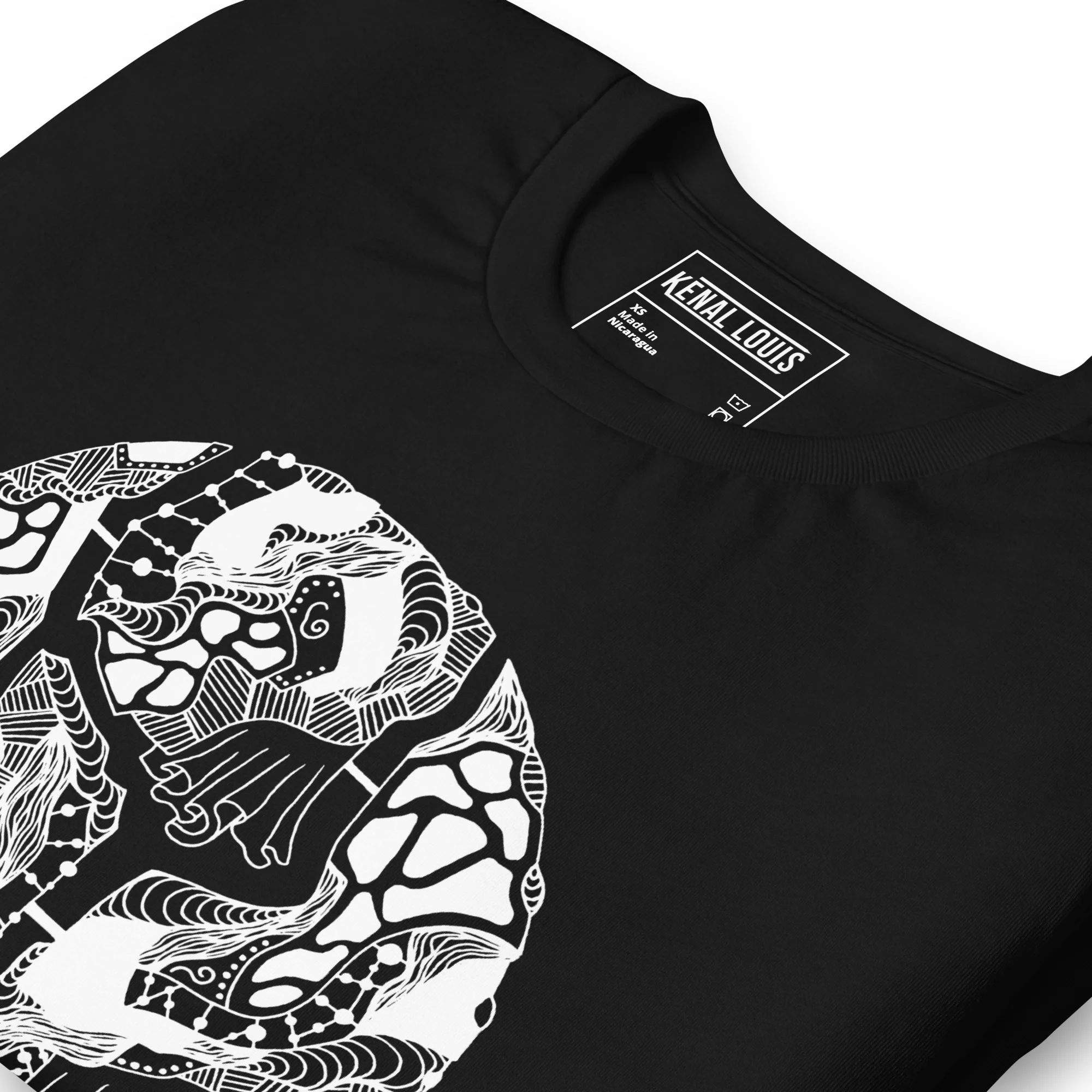 Black abstract circle t-shirt featuring white line art graphic design on front chest area