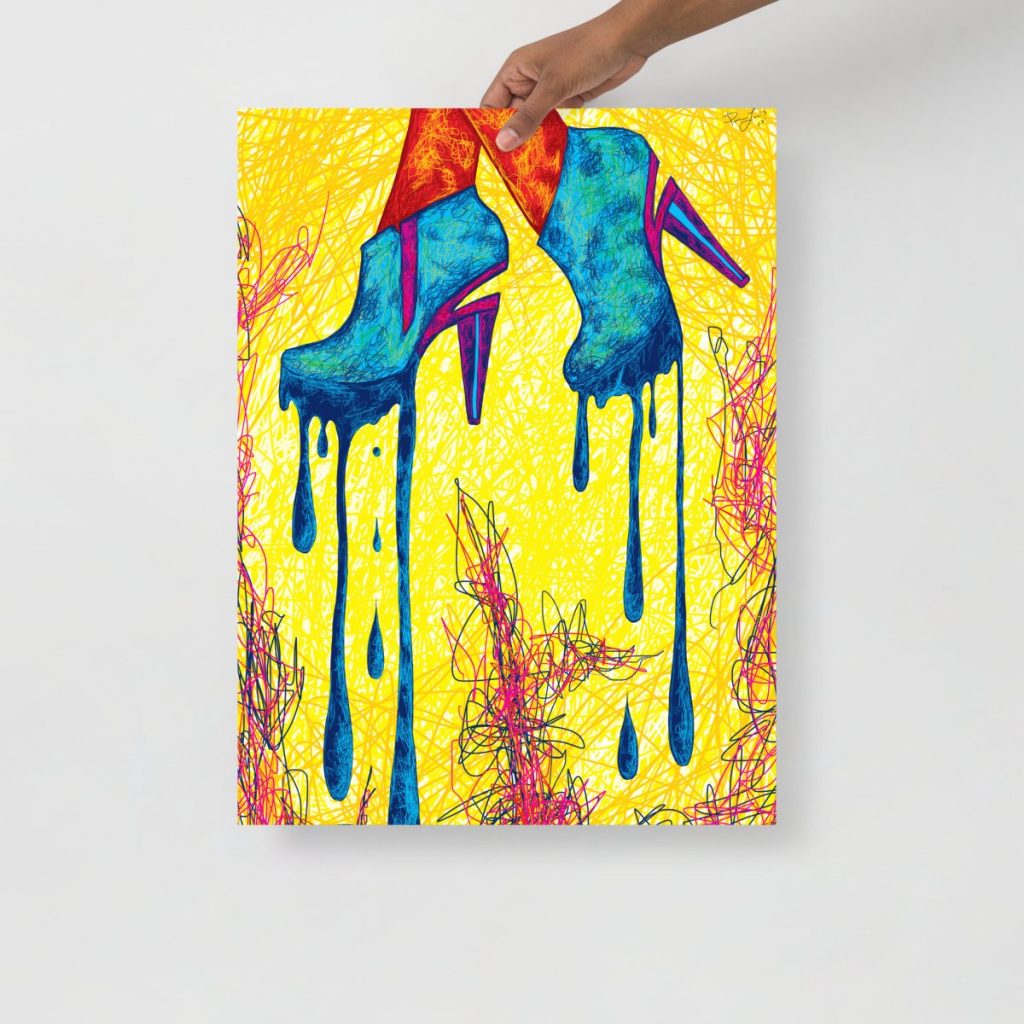 Dripping high heel abstract wall decor print with expressive fluid artistic brushwork