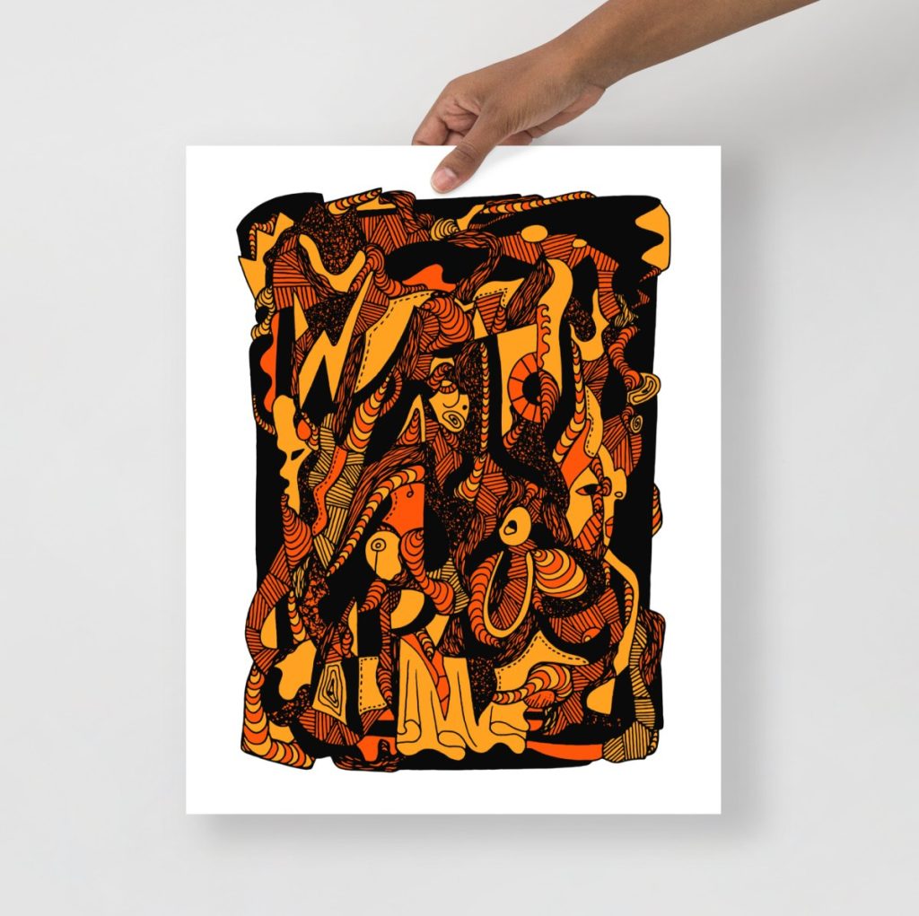 Striking orange and black abstract wave art print with bold contrasting colors