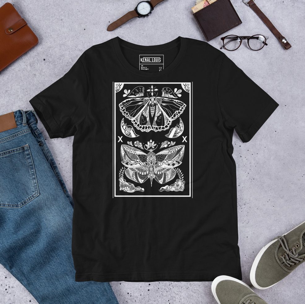 Delicate butterfly outline printed on abstract line art t shirts in soft cotton