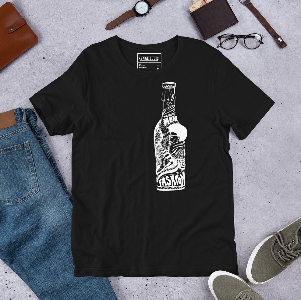 Minimalist bottle design featured on abstract line art t shirts for fashion lovers