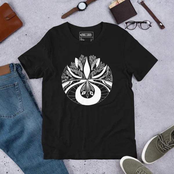 Black abstract line art t-shirt with intricate white geometric floral motif and circular design