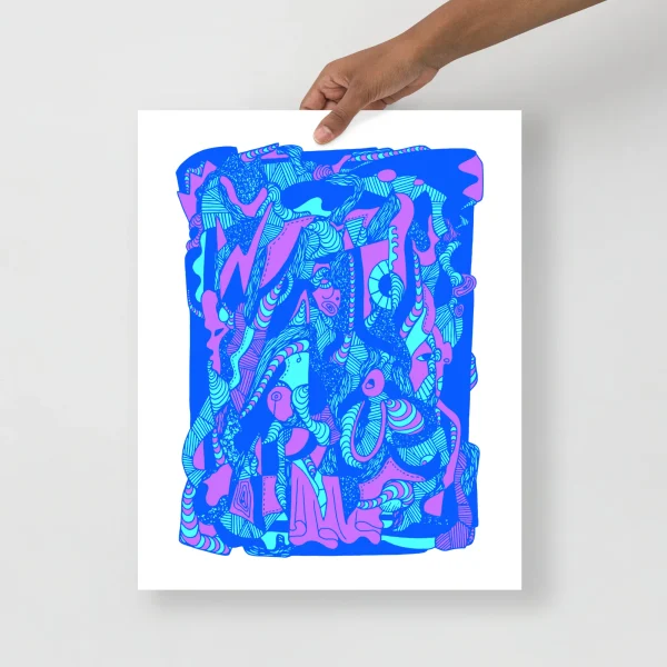 Abstract wave art print in vibrant blue, cyan, and pink with flowing organic forms and intricate line work patterns.