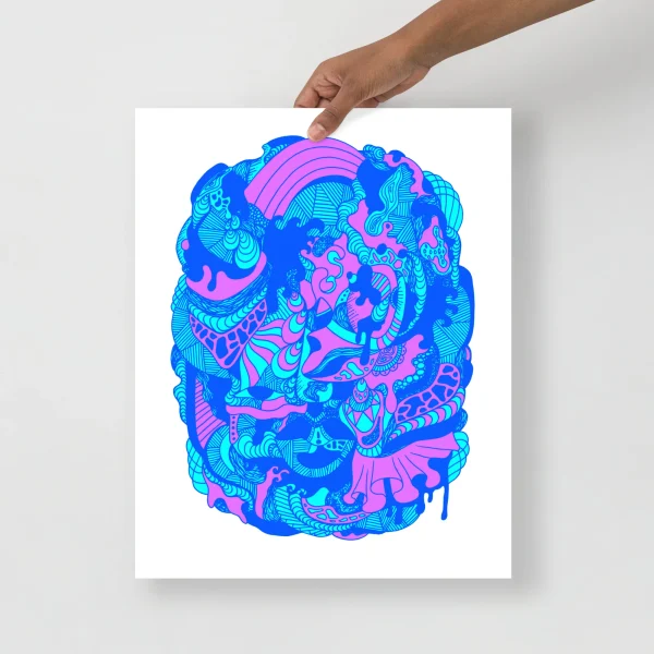 Neon blue and magenta abstract wave art print with flowing psychedelic patterns and swirling designs