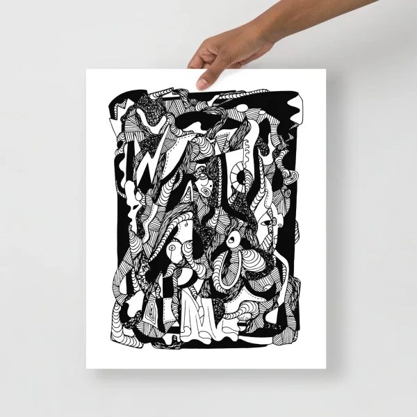 Abstract wave art print featuring intricate black and white line work depicting flowing thoughts and organic shapes