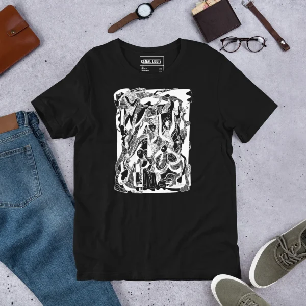 Black abstract wave line art t-shirt with white geometric design displayed flat lay with accessories