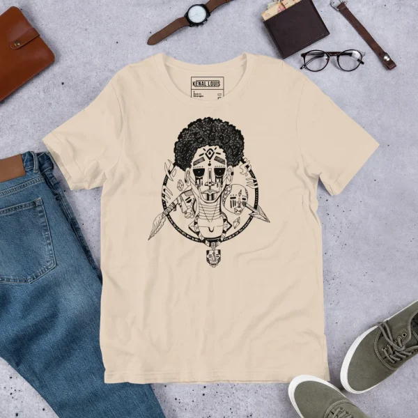 Cream African culture t-shirt featuring bold black artwork of a boy with afro surrounded by tribal symbols and geometric patterns