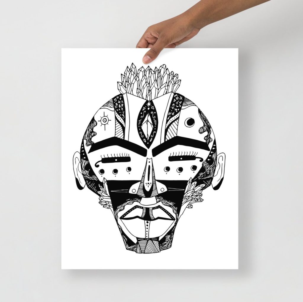 Dramatic tribal african mask art print with angular features and bold linework