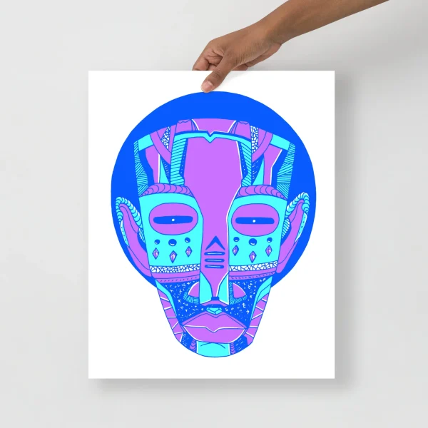 Vibrant blue and cyan african mask art print with pink geometric patterns and intricate tribal details on white background