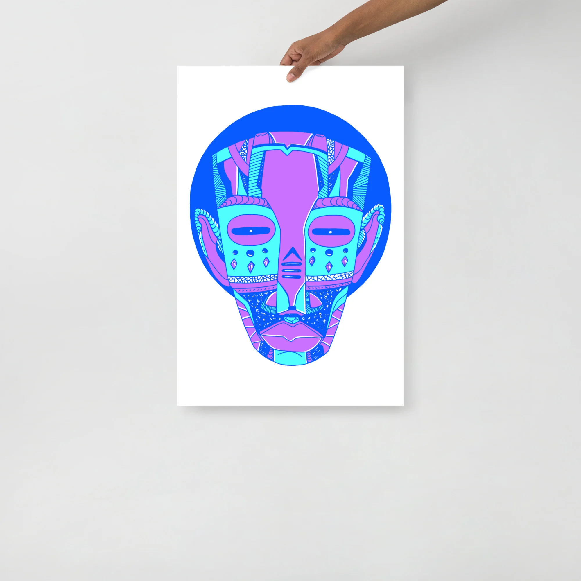 Colorful African mask art print featuring vibrant cyan, pink, and blue tribal design on white background
