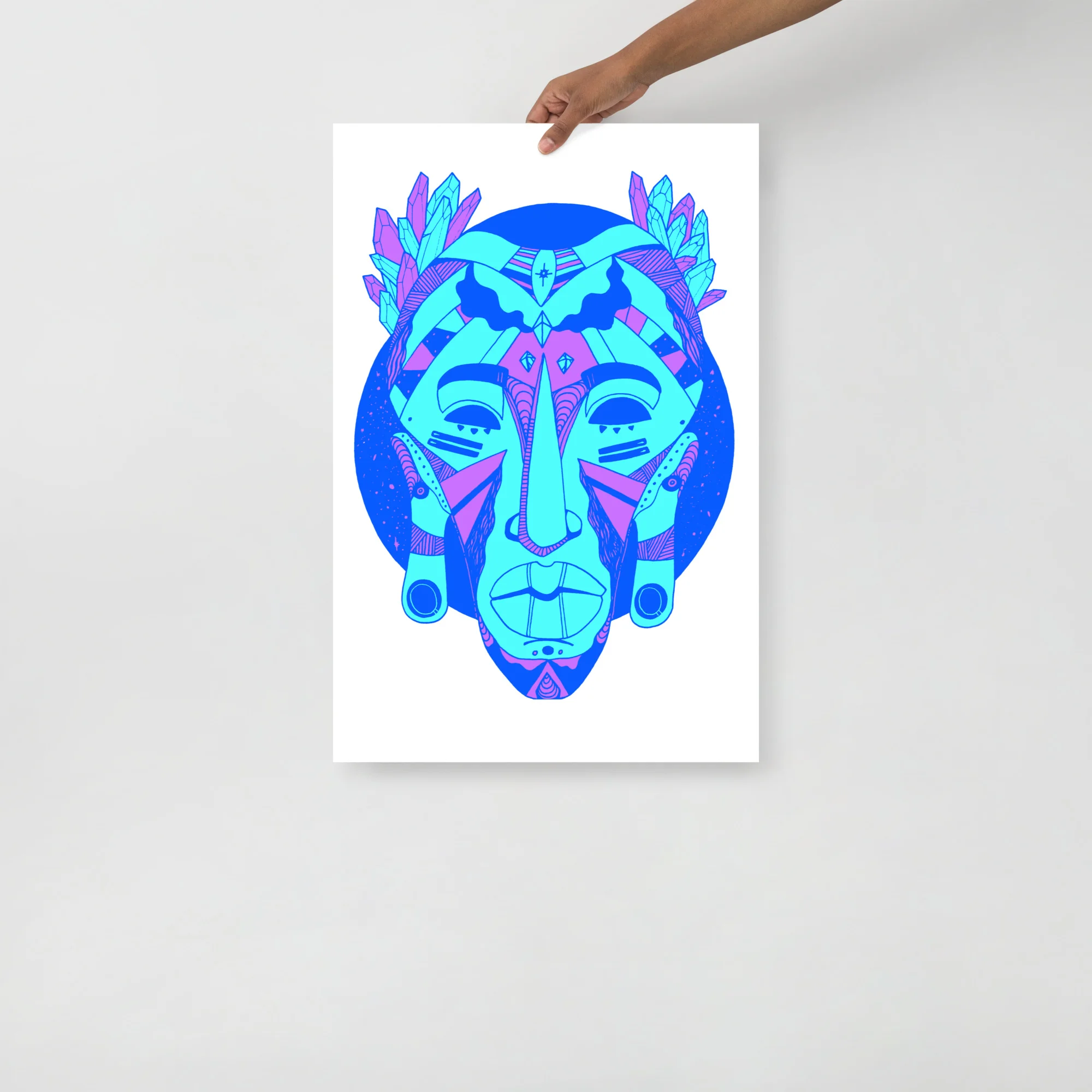 Blue and cyan African mask art print with geometric patterns, feathered headdress, and pink accents on white background.
