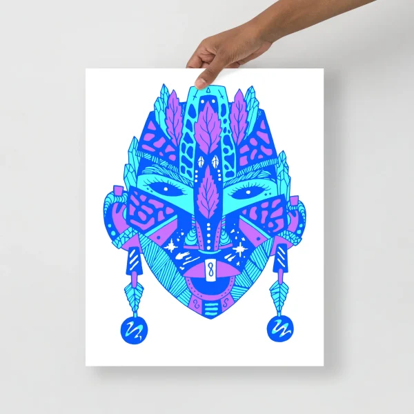 Blue and pink abstract African mask art print with geometric patterns, leaf motifs, and hanging ornaments on white background