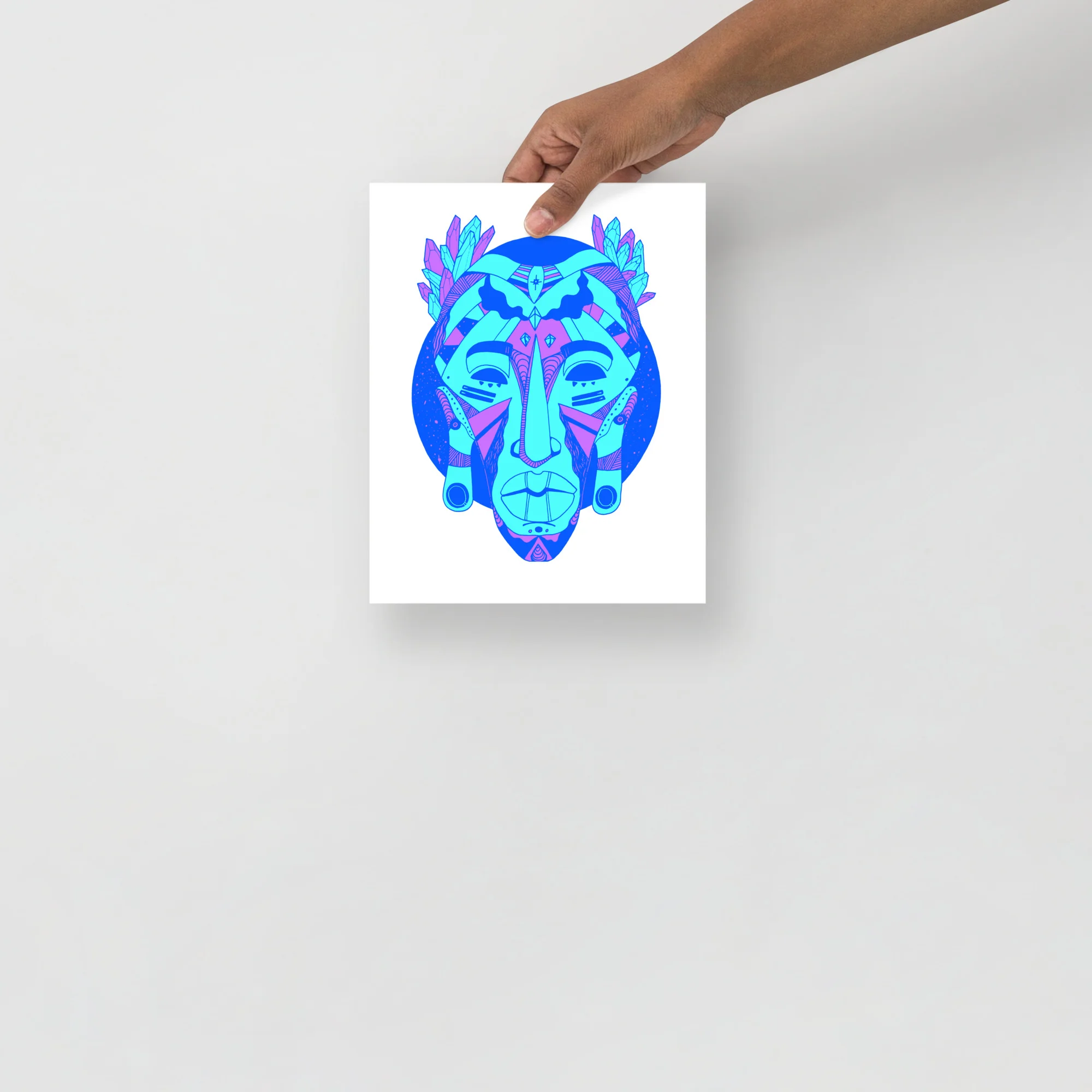 Blue minimalist African mask art print with cyan and magenta geometric patterns and feather headdress details