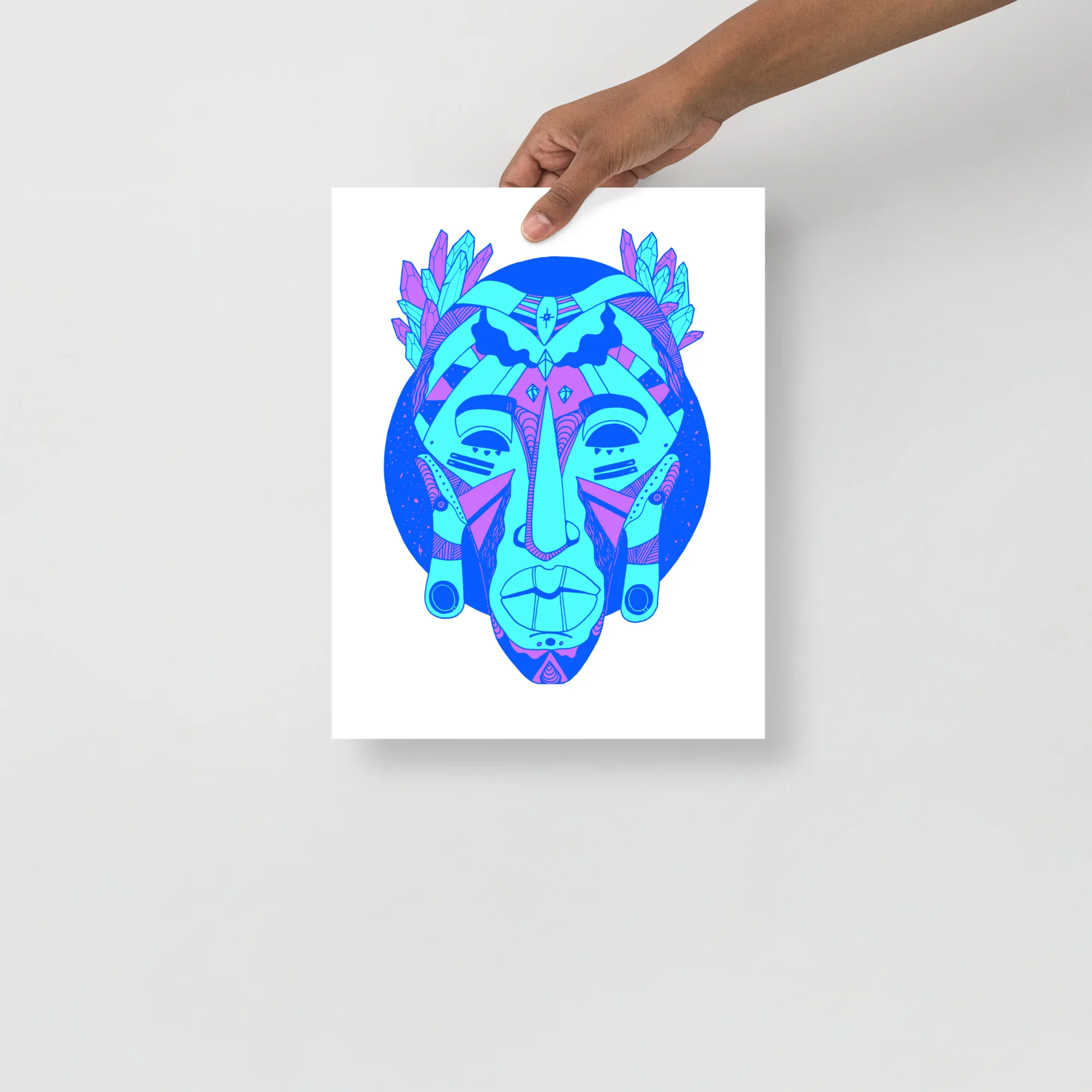 Blue minimalist African mask art print with cyan and magenta geometric patterns and feathered headdress design
