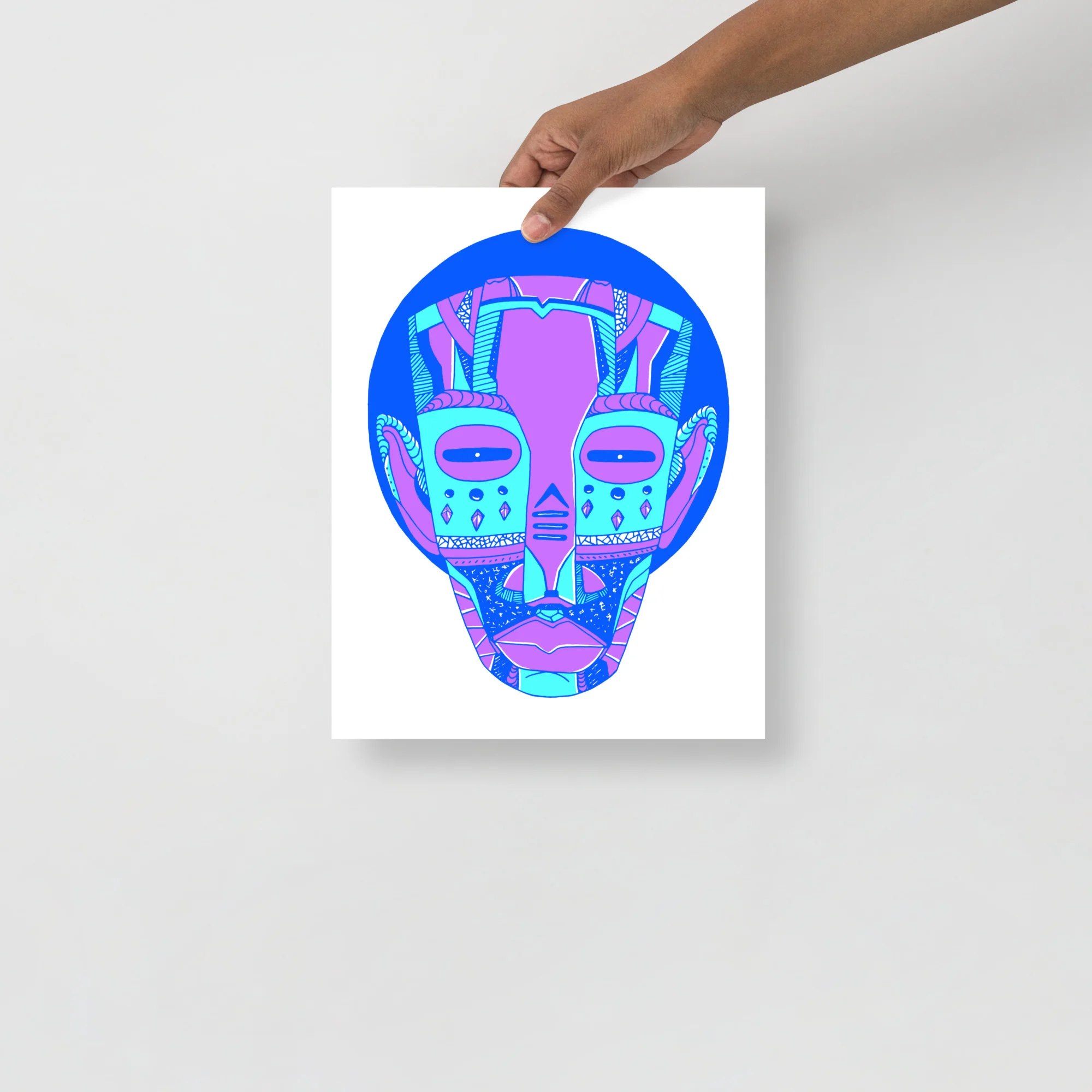 Colorful neon African mask art print with blue circular background and pink cyan geometric patterns